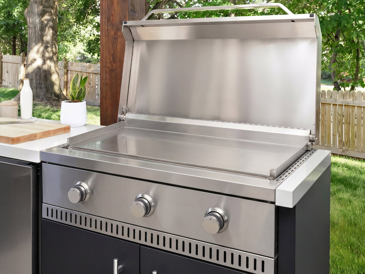 Emory | Corner Outdoor Kitchen Island with Bar Seating & Built-In Griddle – Right