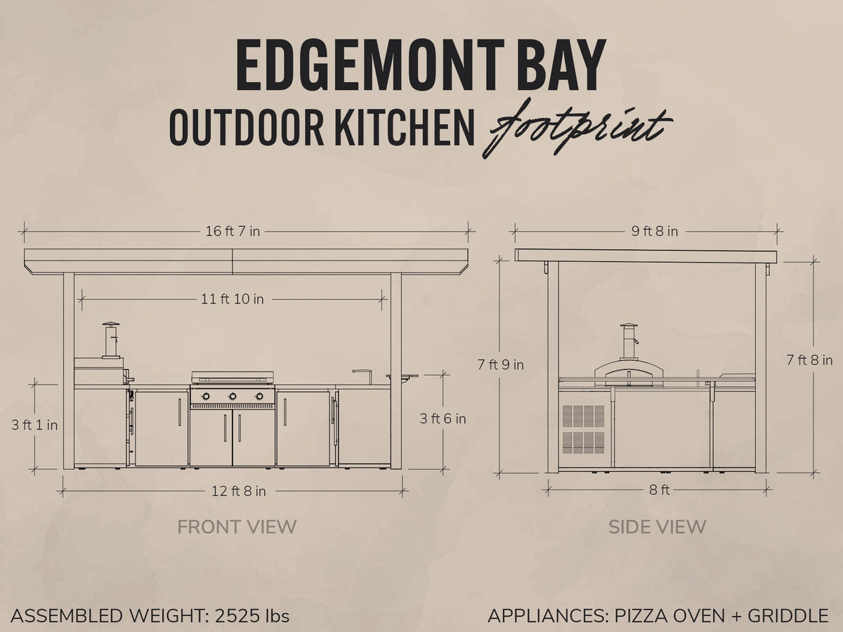 Edgemont Bay | U-Shape Outdoor Kitchen with Bar Seating, Griddle & Pizza Oven