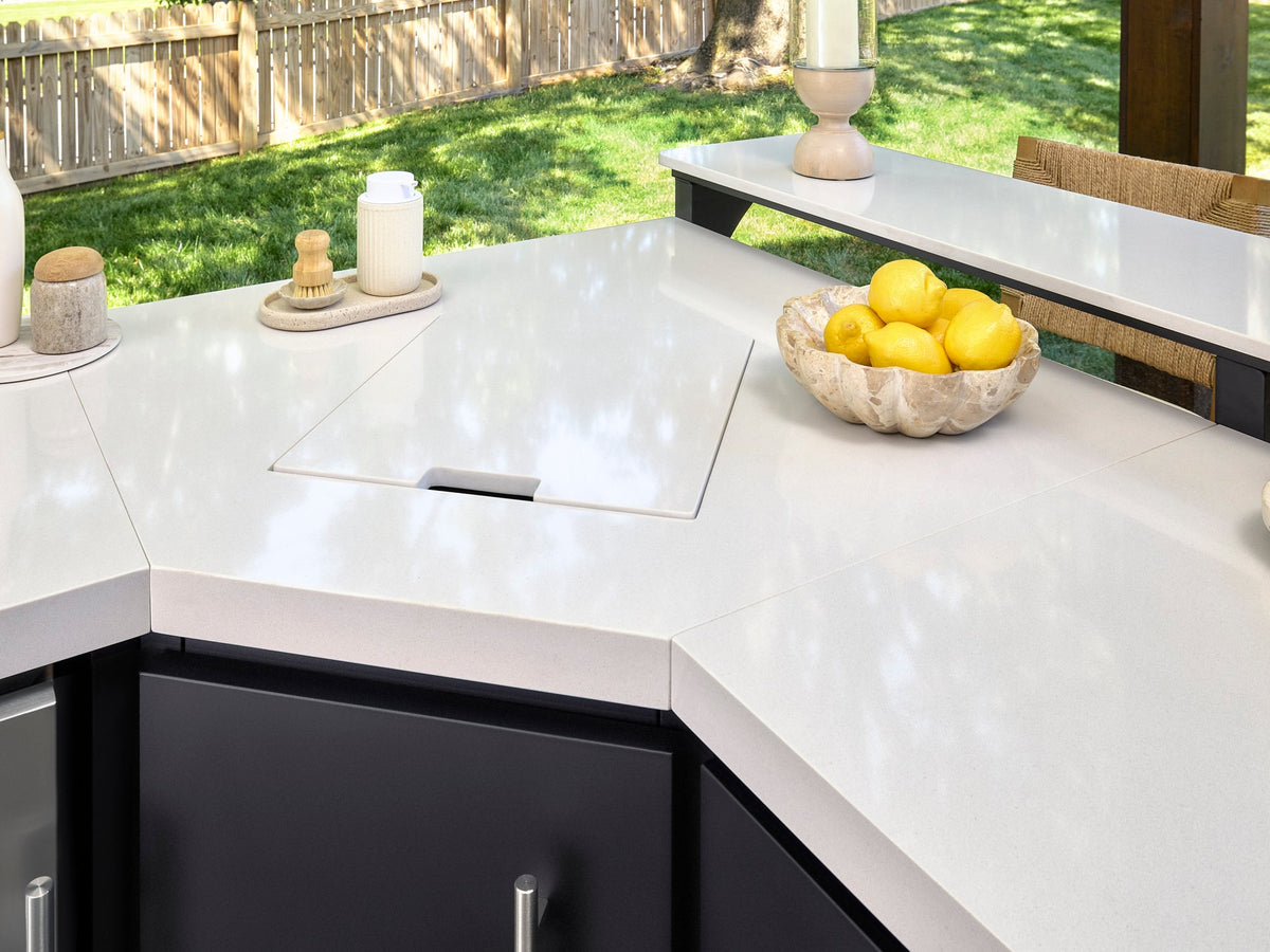 Emory | Corner Outdoor Kitchen Island with Bar Seating & Built-In Griddle – Left