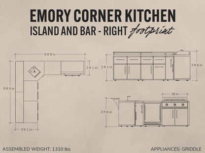 Emory | Corner Outdoor Kitchen Island with Bar Seating & Built-In Griddle – Right